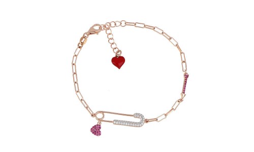 Bracciale Argento Placcato Oro Rosa Con Spilla Centrale e Cuore Pendente Cuori Milano 24888905